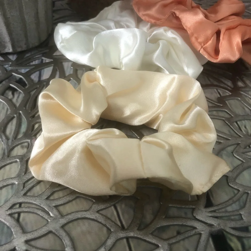 3 New Silk Scrunchies White, Creme, Peach colors